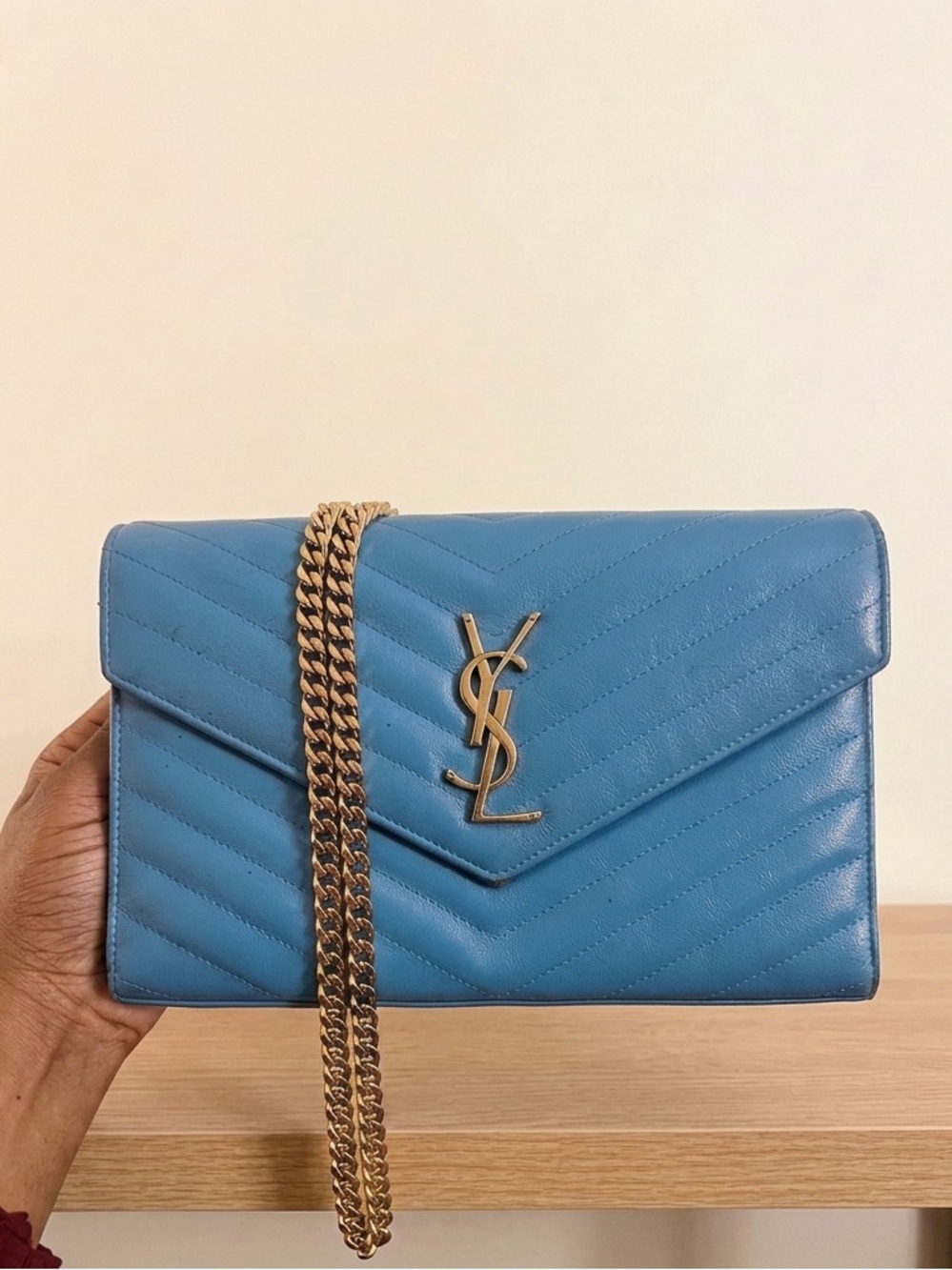 Saint Laurent Blue Quilted Leather Envelope Crossbody with Gold Chain